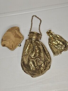 Antique Rare 1920s Whiting & Davis Gold Accordion Mesh Evening Bag 3pc Set